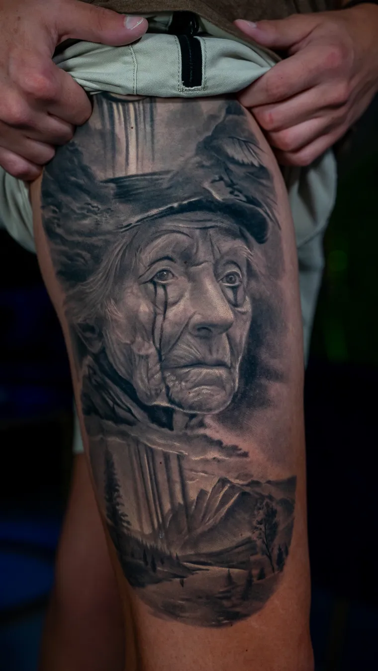 TKO Tattoo detailed black and grey realism portrait