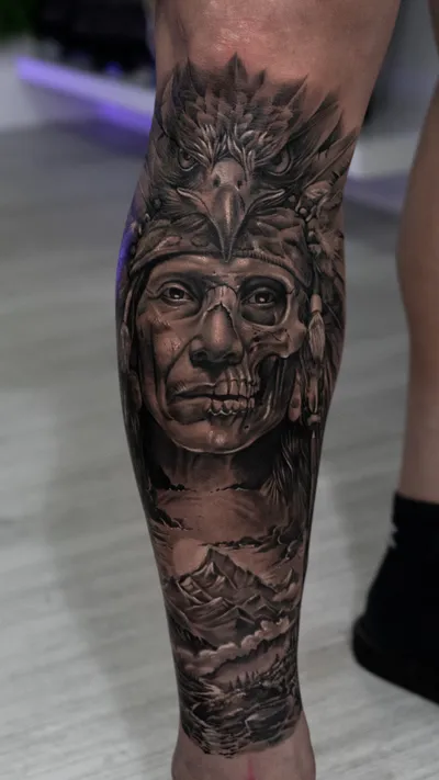 Dark surreal portrait tattoo composition